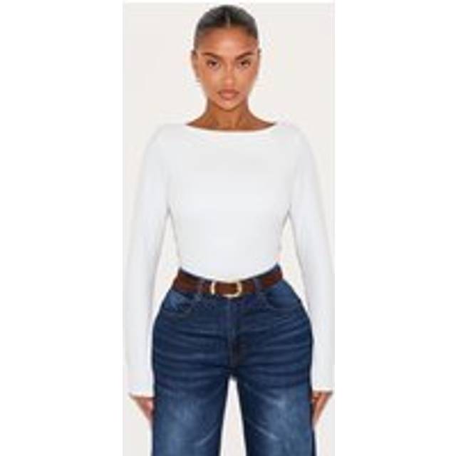 Shape White Built In Bra Sculpt Boat Neck Long Sleeve Bodysuit, White - 12
