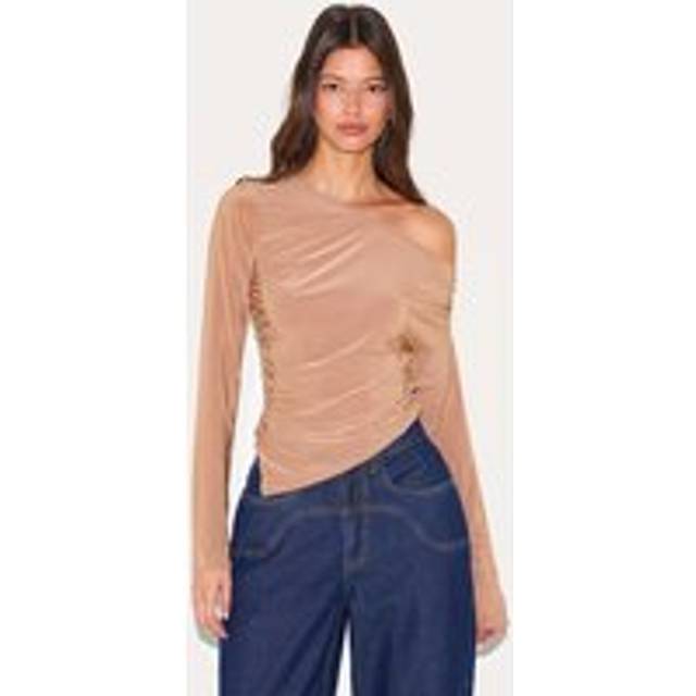 Tan Soft Touch Asymmetric Ruched Long Sleeve Top, Brown - 12