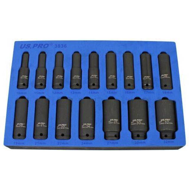 "US PRO Tools 16PC 1/2"" Deep Impact Sockets In EVA Foam 6PT 10 - 32mm 3836"