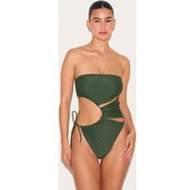Khaki Bandeau Cut Out Tie Swimsuit, Green - 8