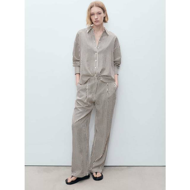 Mango Sal Stripe Straight Trousers, Natural White