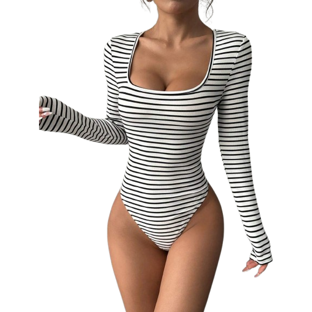 SHEIN Women Striped Boxy Collar Long Sleeve Casual T-Shirt Bodysuit, Autumn