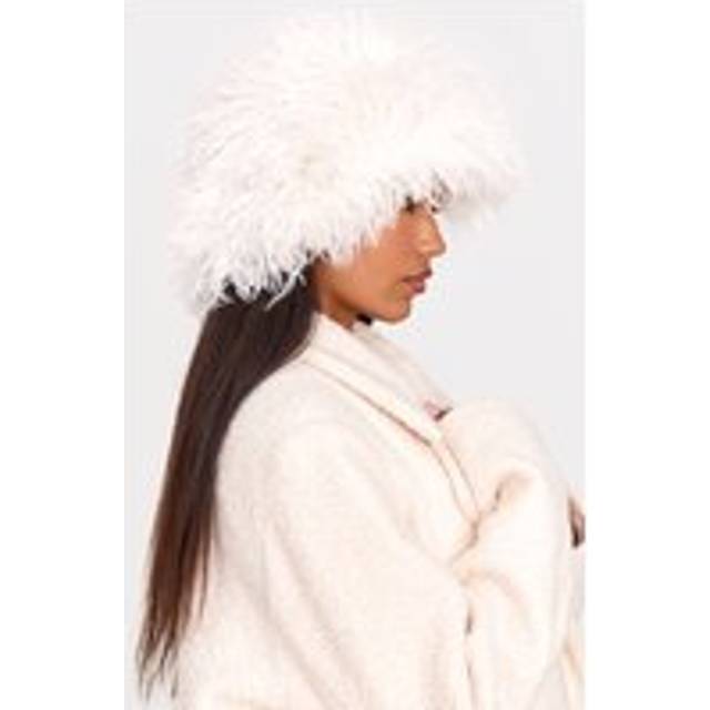 Cream Faux Fur Fluffy Slouch Bucket Hat, White - One Size