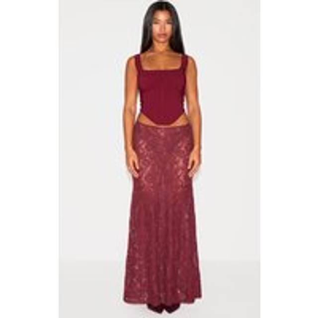 Plum Floral Lace Sheer Maxi Skirt, Purple - 8