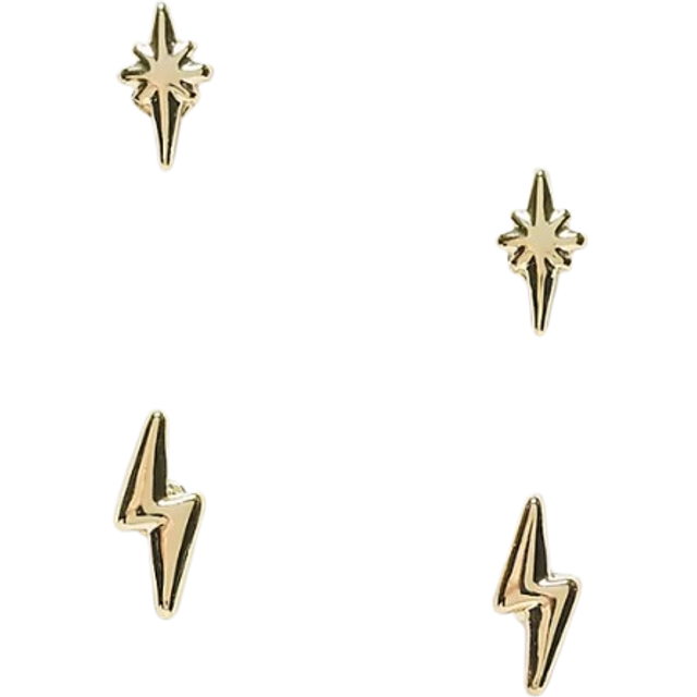 Pieces – Guldfärgade stiftörhängen med blixtar och stjärnor, 2-pack