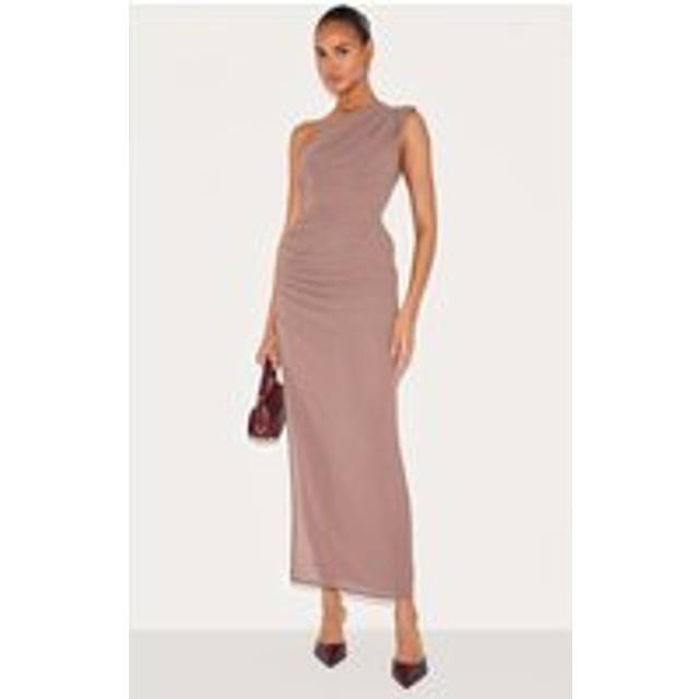 Mushroom Chiffon One Shoulder Ruched Maxi Dress, Mushroom - 6