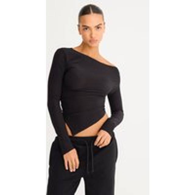 Black Soft Touch Asymmetric Ruched Long Sleeve Top, Black - 4