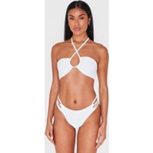 White Textured Halter Neck Bikini Top, White - 6