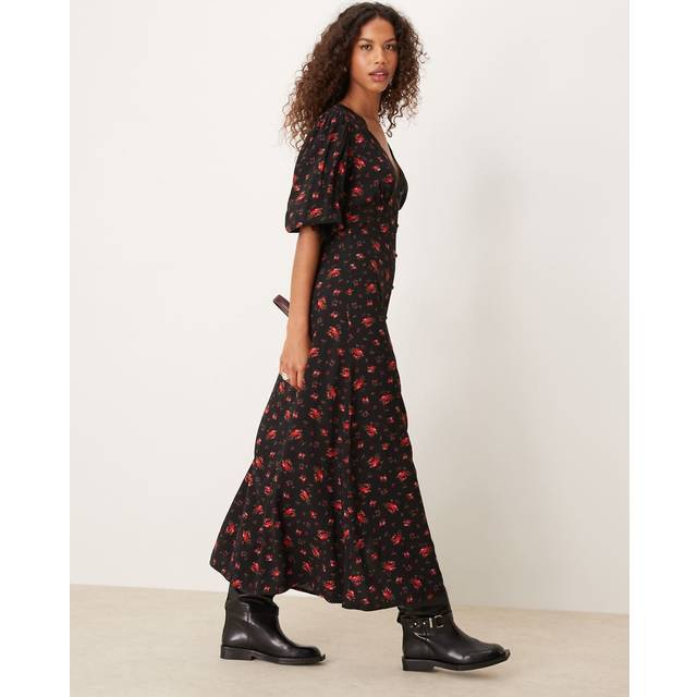 Miss Selfridge – Svart, rosmönstrad maxiklänning med spetskanter och knäppning-Flera
