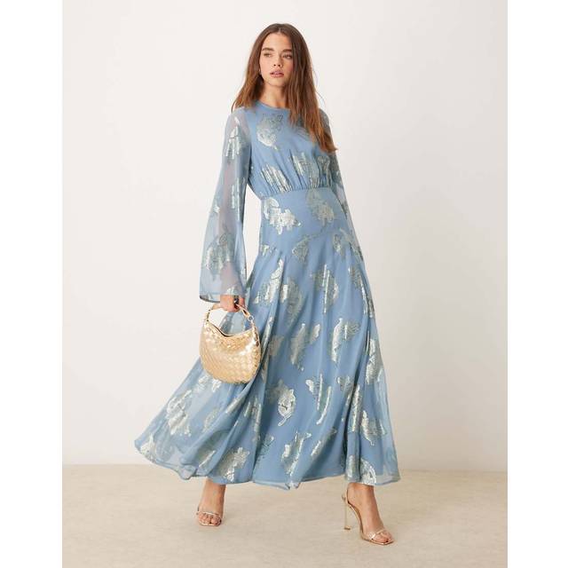 ASOS DESIGN – Blåmetallisk midiklänning med långa ärmar och volangprydda ärmslut