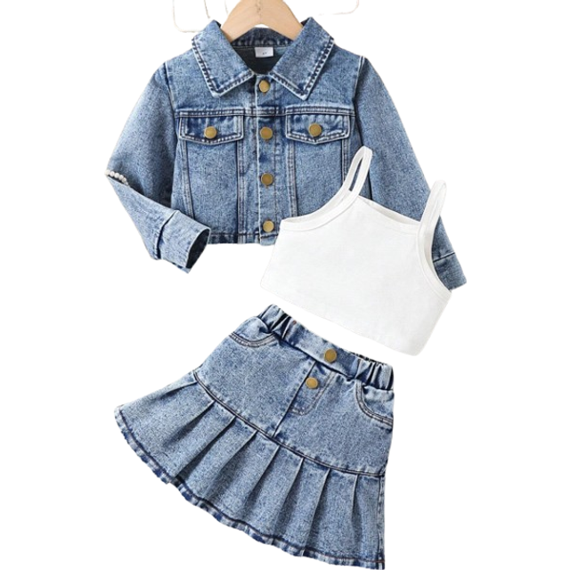 SHEIN 3pcs/Set 4-7Y Young Girl Fashionable Denim Jacket Outfit, Including Long Sleeve Denim Jacket, Skirt, And Suspender Top, Autumn/Winter
