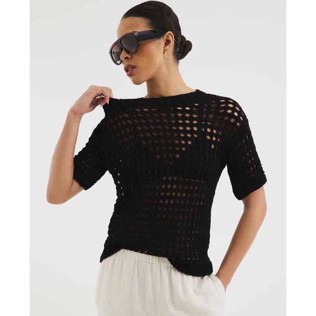 River Island Womens Black Short Sleeve Crochet T-Shirt - XS
