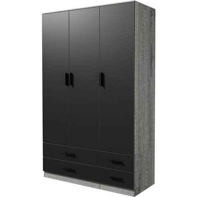 (Ash Grey & Black) 3 Door 4 Drawer Wardrobe Storage Shelf Hanging Bedroom Modern Furniture