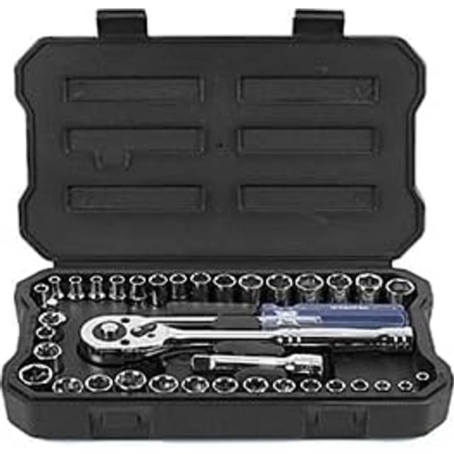 WORKPRO 39-Piece Drive Socket Set 1/4''3/8'', CR-V Metric and Imperial Sockets with Quick-Release Ratchet Wrench, Compact Sockets Set for Car Repair