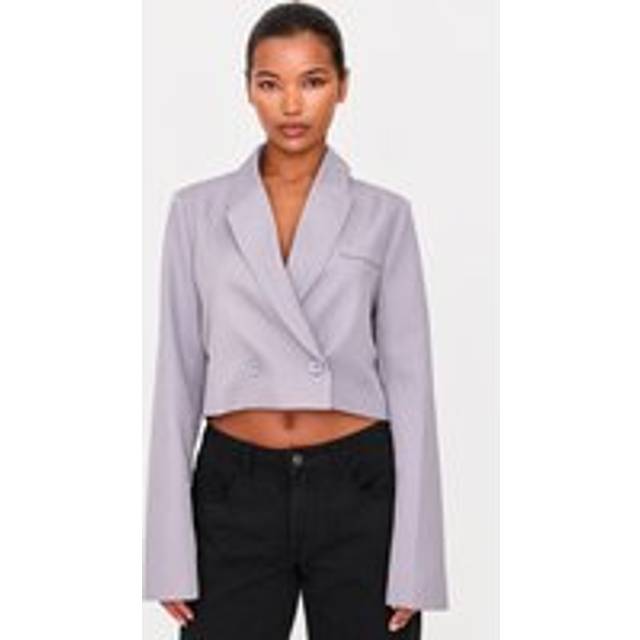Grey Woven Cropped Shoulder Padded Blazer, Grey - 6