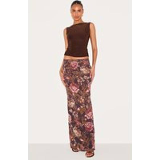 Brown Floral Print Chiffon Maxi Skirt, Brown - 6