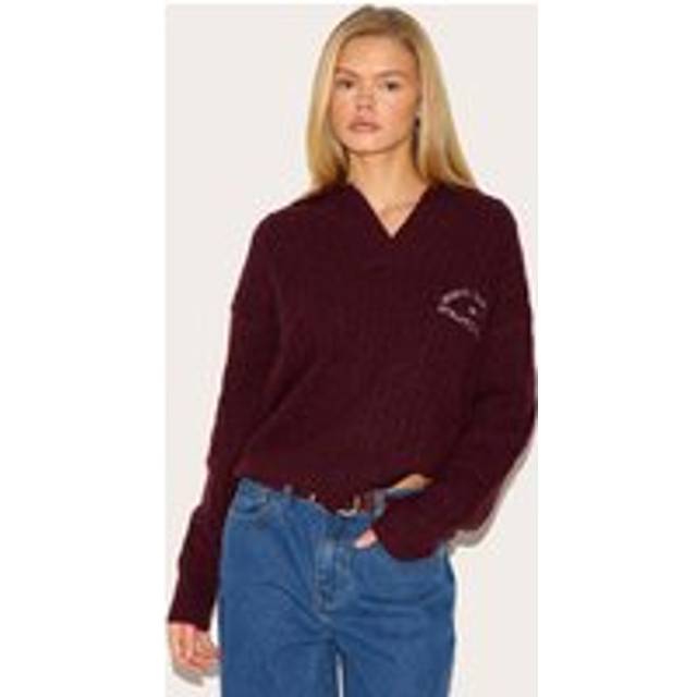 Burgundy Soft Cable Knit Embroidered Collar Detail Oversized Jumper, Red - L