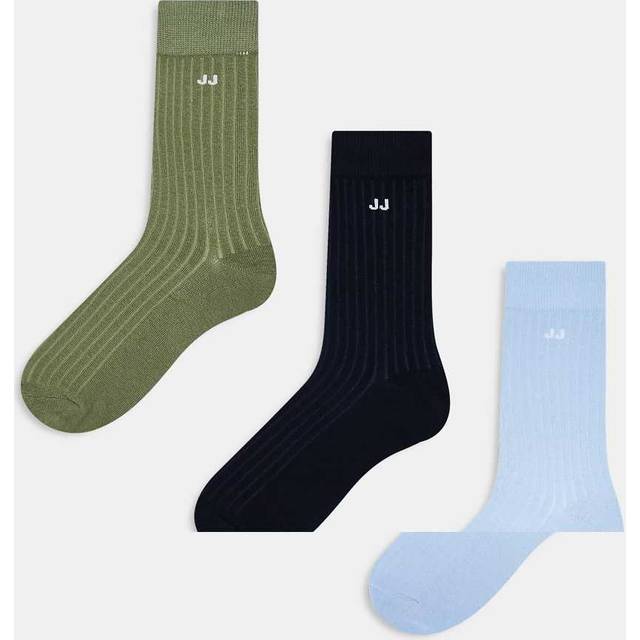 Jack & Jones – Gröna, marinblå och ljusblå ribbade strumpor, 3-pack