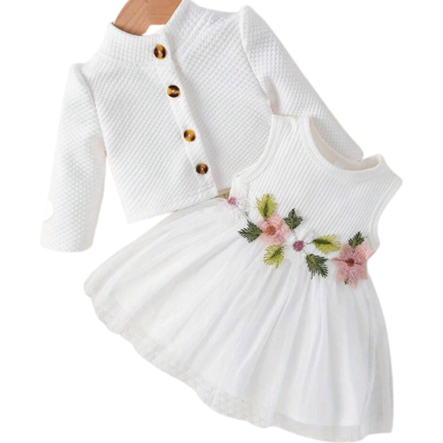 SHEIN 2pcs Baby Girl Tulle Flower Dress And Button Detail Long Sleeve Jacket Outfit Set