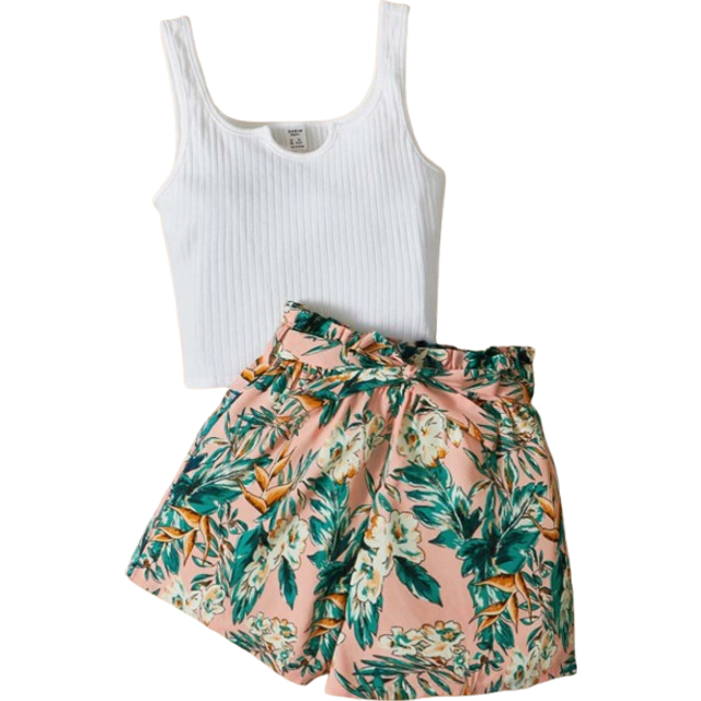 SHEIN Teen Girls Rib Knit Tank Top & Tropical Print Shorts Set,Summer Clothes Holiday Outfits