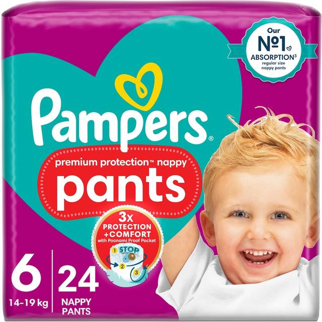 Pampers Premium Protection Nappy Pants Size 6, 24 Nappies, 15kg+, Essential Pack