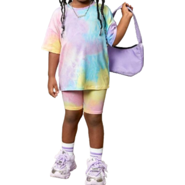 SHEIN Young Girl Fashion Sports Tie-Dye Crew Neck Short Sleeve Shorts Set, Spring & Summer