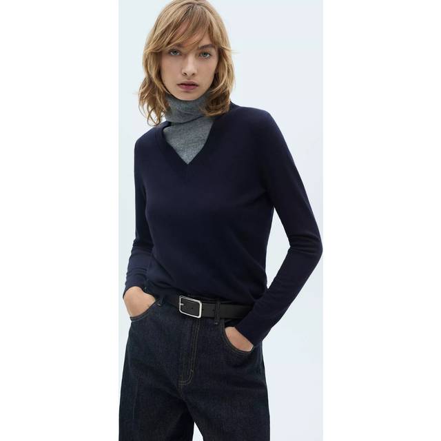 V-neck knit sweater dark navy - Woman - S - MANGO - Dark Navy