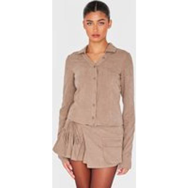 Taupe Peach Skin Pinstripe Long Sleeve Cargo Shirt, Brown - 4