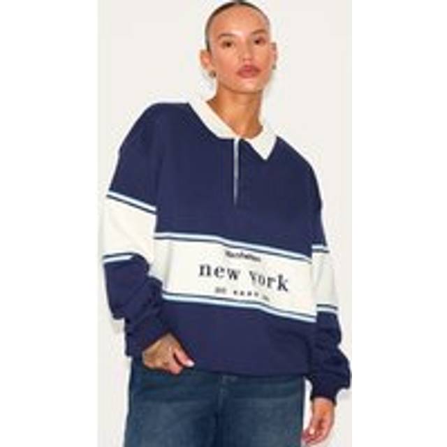 Plus Navy Premium Contrast Collar New York Embroidered Sweatshirt, Blue - 20