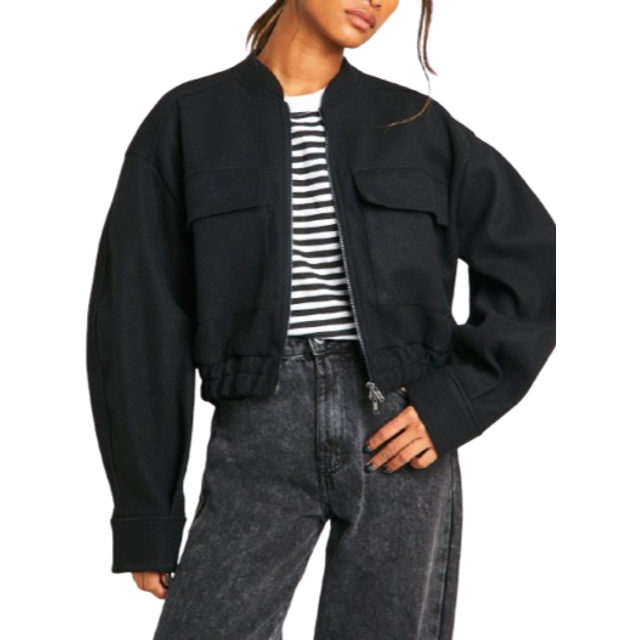 Womens Wool Look Double Zip Bomber Jacket - Black - 12
