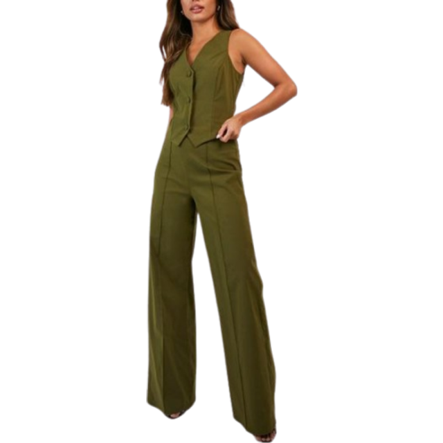 Womens Plus Super Stretch Waistcoat & Seam Front Straight Leg Trousers - Green - 26, Green