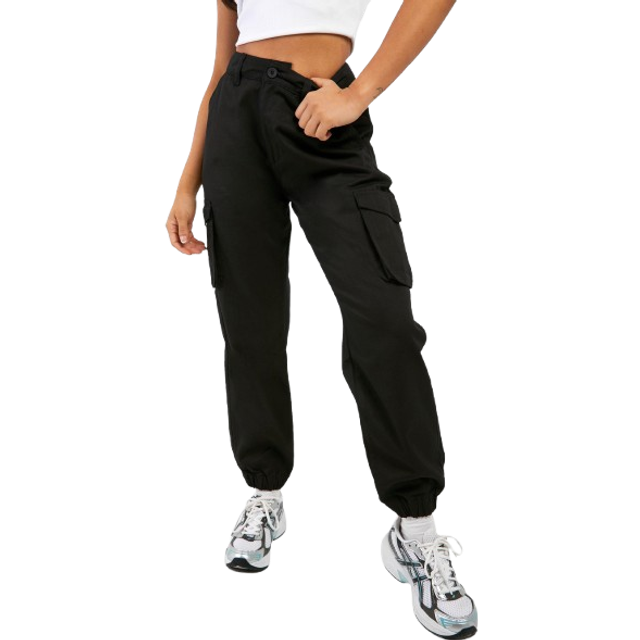 Womens Petite High Waisted Twill Cargo Joggers - Black - 14