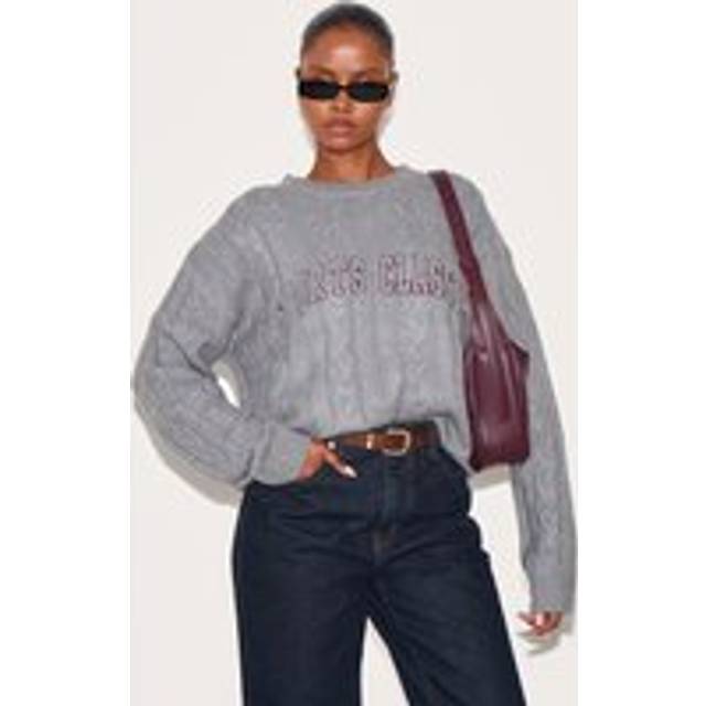 Grey Soft Cable Knit Embroidered Jumper, Grey - L