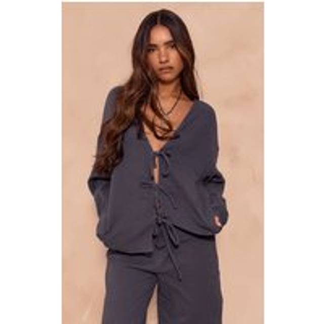 Dark Blue Textured Cheesecloth Tie Front Shirt, Dark Blue - 16