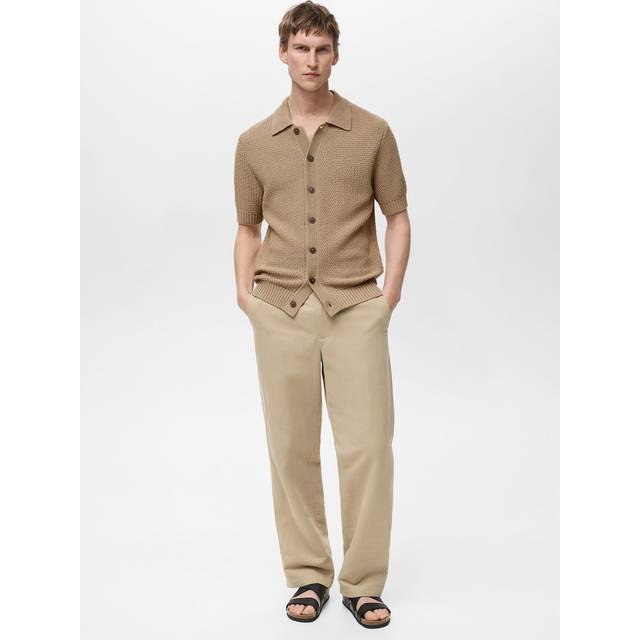 Mango Pierola Knit Regular Fit Short Sleeve Shirt, Light Beige
