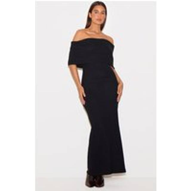 Black Heavy Brushed Rib Sleeveless Bardot Maxi Dress, Black - 4