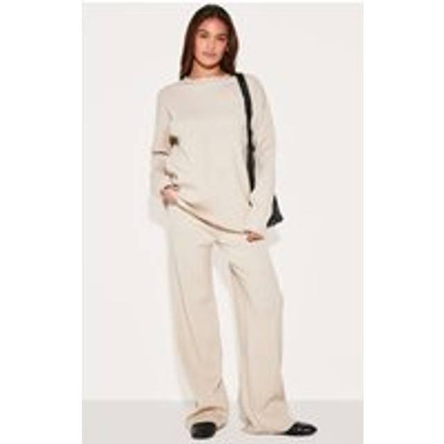 Oatmeal Light Rib Knit Wide Leg Trousers, Oatmeal