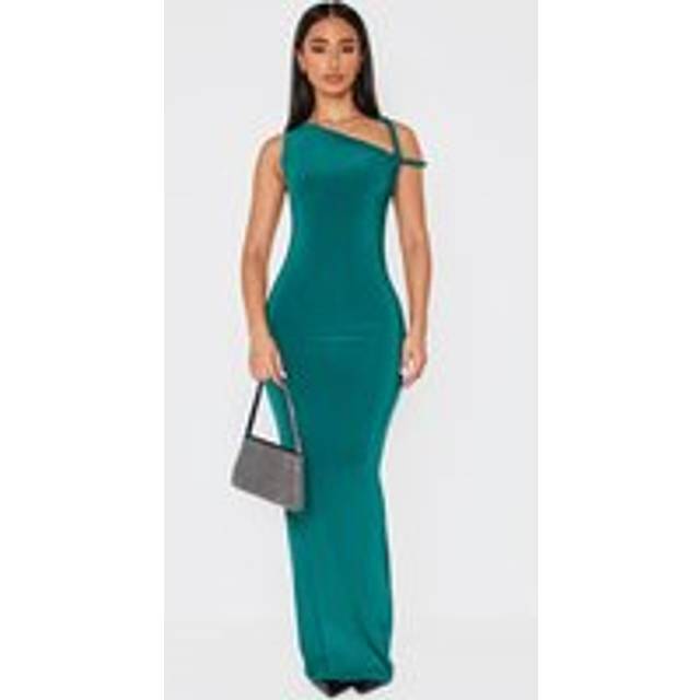 Petite Emerald Green Twist Shoulder Slinky Maxi Dress, Emerald Green
