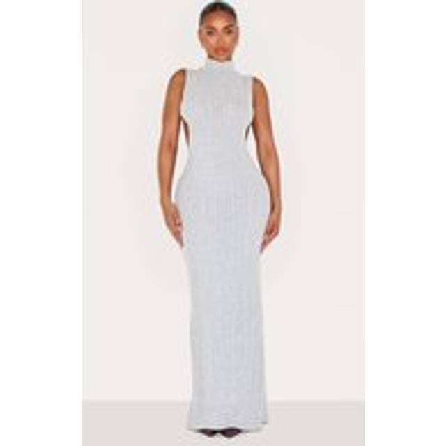 Shape Silver Brushed Rib High Neck Open Back Maxi Dress, Grey - 10