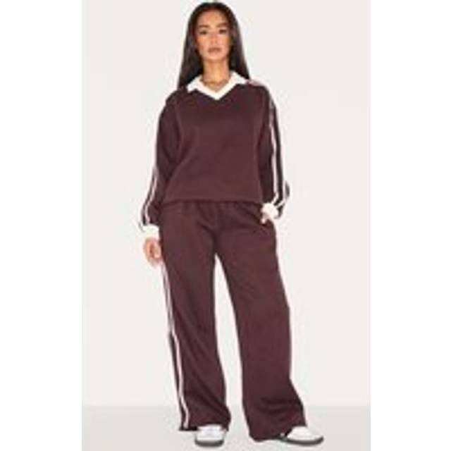 Petite Chocolate Wide Leg Stripe Detail Joggers, Chocolate