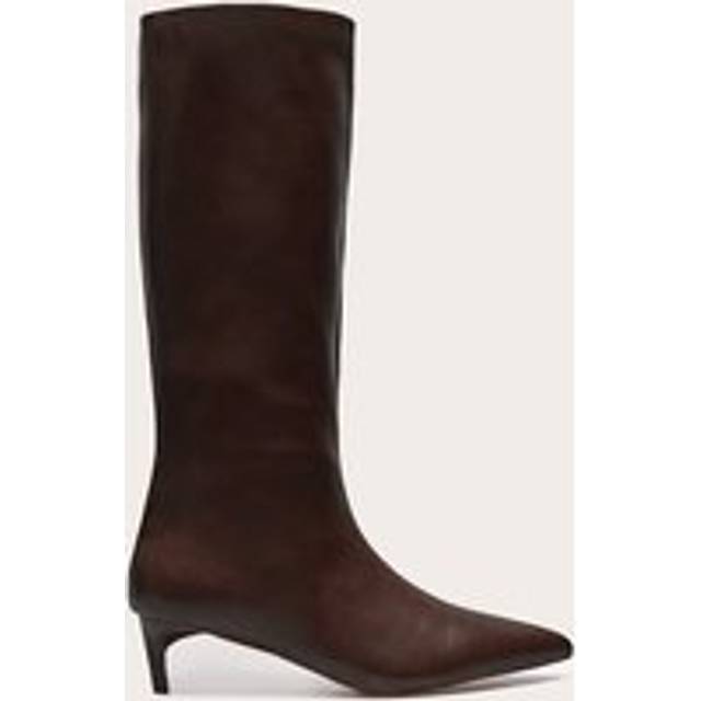 Chocolate Pu Point Toe Low Stiletto Knee High Heeled Boots, Chocolate - 4