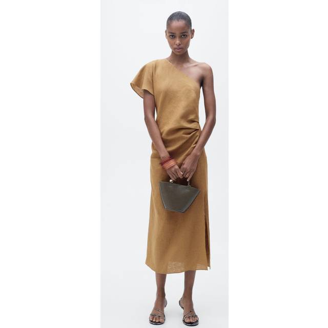 Asymmetrical linen dress medium brown - Woman - 4 - MANGO - Medium Brown
