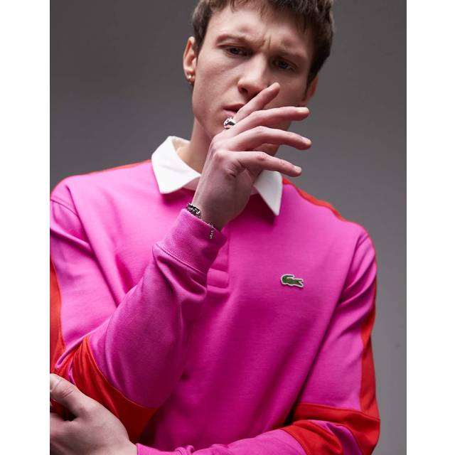 Lacoste – Rosa rugbytröja med röda, tejpade detaljer och långa ärmar