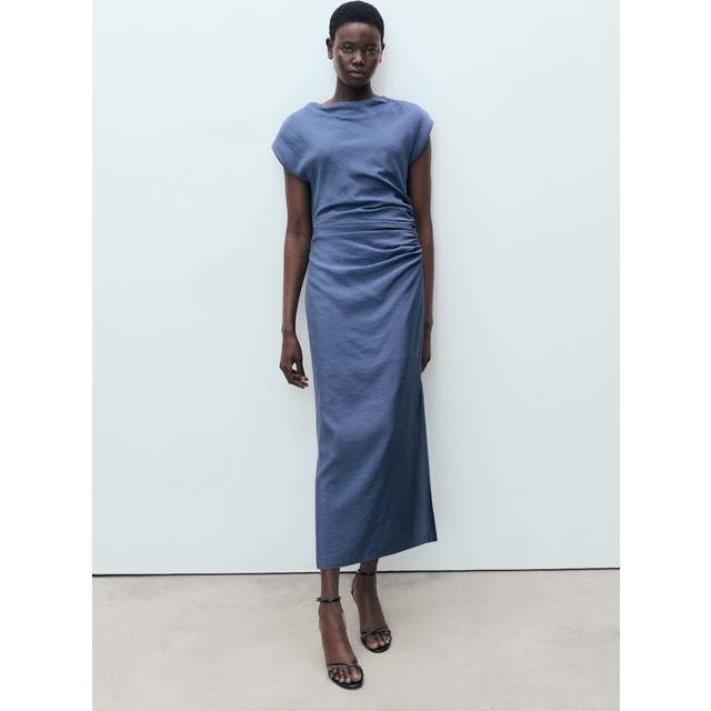 Draped straight dress indigo blue - Woman - 6 - MANGO - Indigo Blue