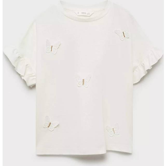 Mango Kids' Mari Butterfly Frill Short Sleeve Tee, Natural White