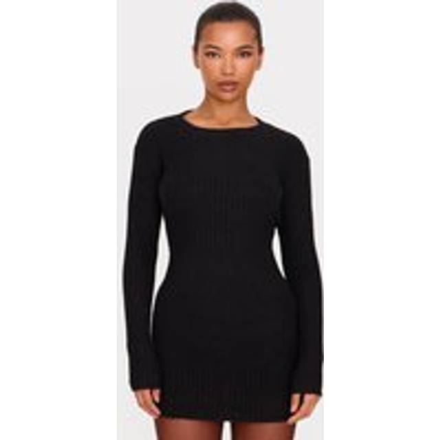 Black Soft Textured Rib Knit Mini Dress, Black - L