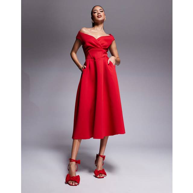Corset Fit & Flare Midi Dress - Red by Goddiva - 18