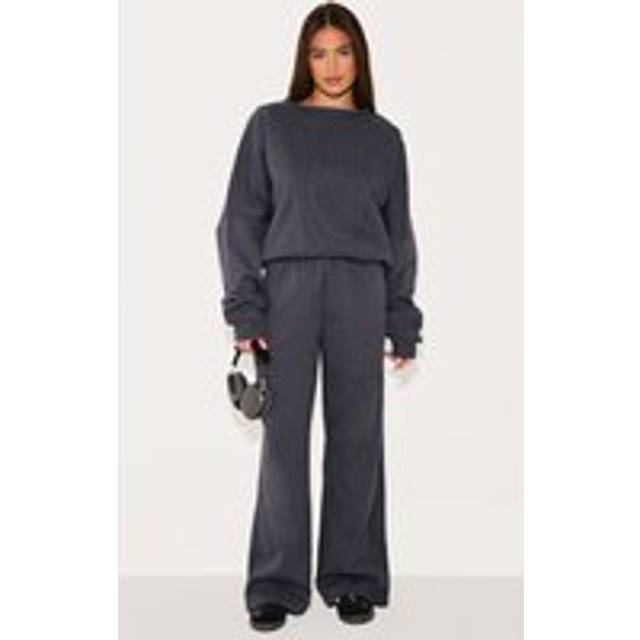 Charcoal Oversized Wide Leg Ribbed Tape Joggers, Grey - XL