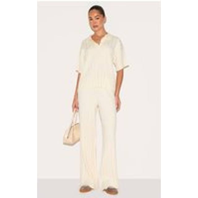 Cream Wide Rib Knit Trousers, White - M