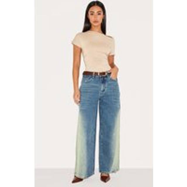 Petite Washed Blue Denim Two Tone Wide Leg Jeans, Washed Blue - 14